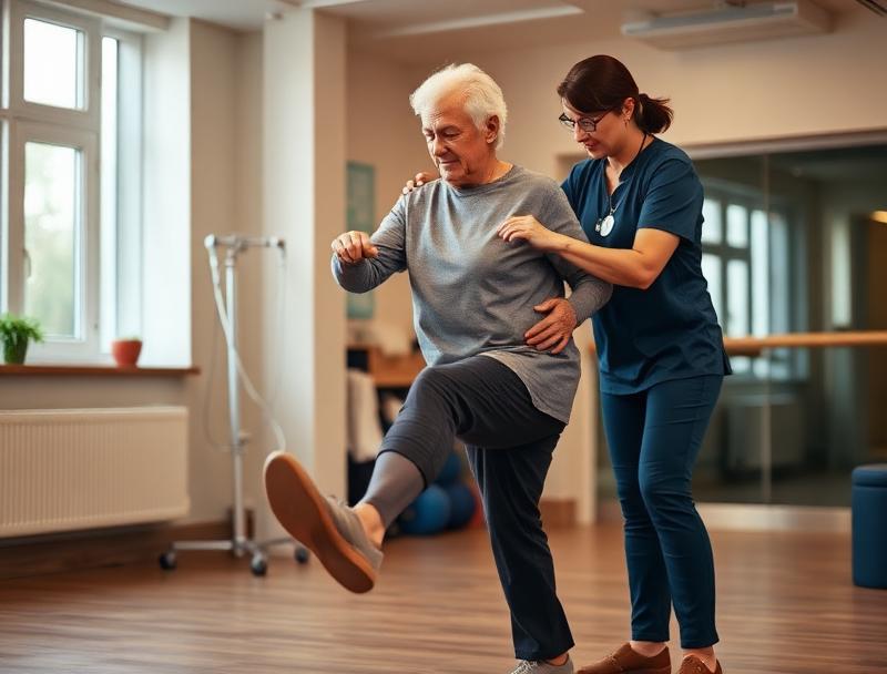 Physiotherapeutin unterstützt Patienten bei Balanceübungen